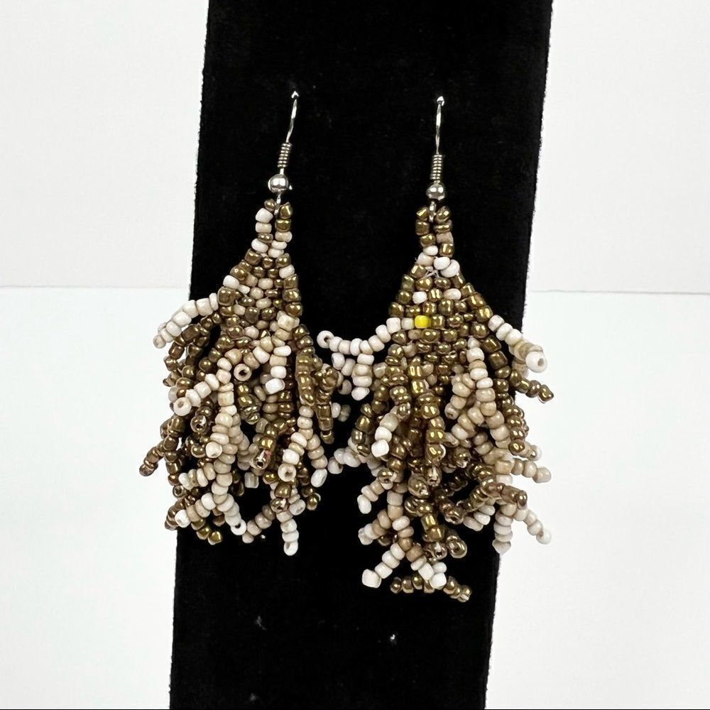 𝅺bronze and Brown Beaded Long Fringe Dangle Earrings